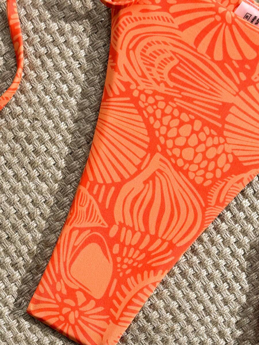 Swim Vcay New Women's Fashion Sexy Orange Floral Print Side With Red Bead Detail Bikini Set For Beach, Vacation, Pool, Spring & Summer