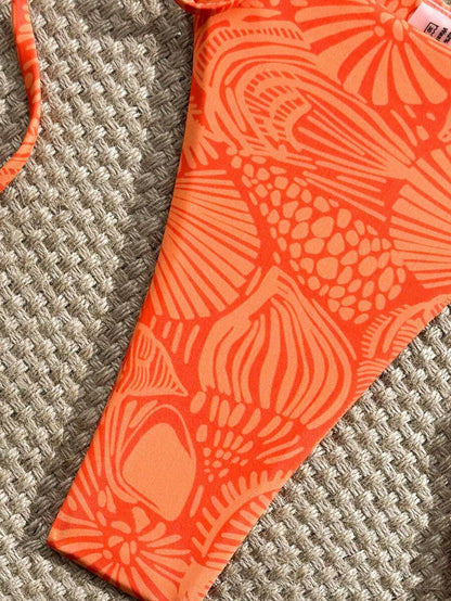 Swim Vcay New Women's Fashion Sexy Orange Floral Print Side With Red Bead Detail Bikini Set For Beach, Vacation, Pool, Spring & Summer