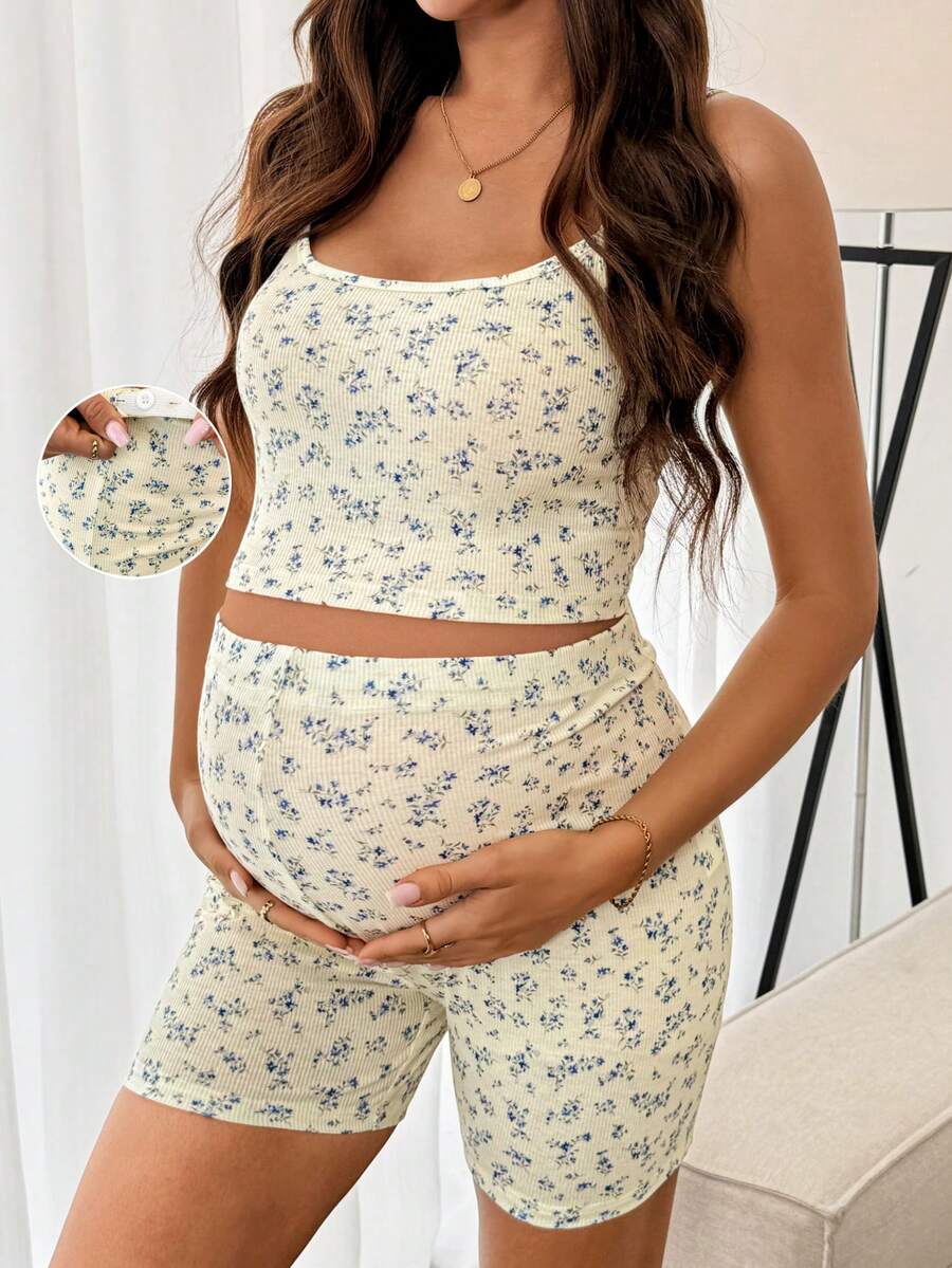 2-Piece Maternity Floral Pajama Set – Camisole & Shorts Summer