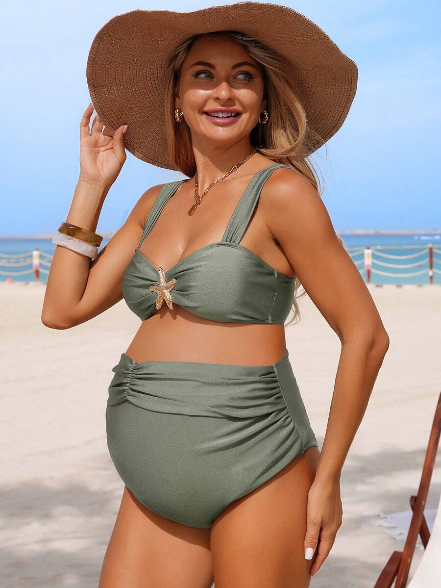 Maternity Pleated Shorts - Y2K Jacquard High Waist Lightweight Casual Beachwear