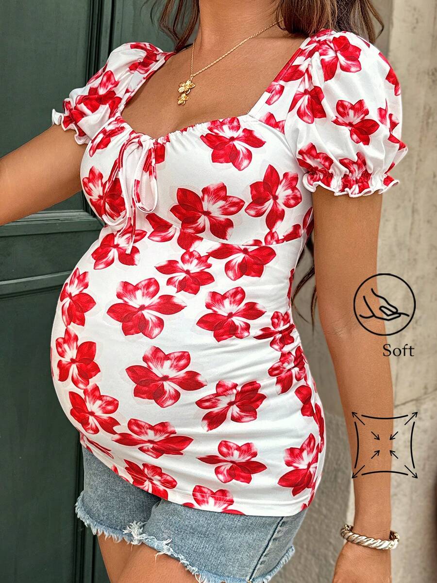 Red Floral Print U-Neck Short Puff Sleeve Maternity T-Shirt Slim Fit Knitted Casual Summer Top with Bow Front