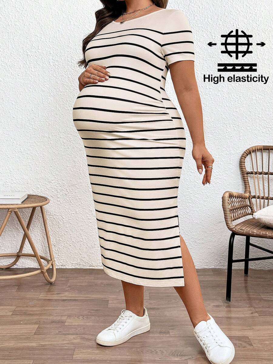 Plus Size Maternity Striped Long Dress - Round Neck, Short Sleeve, Split Hem, Khaki