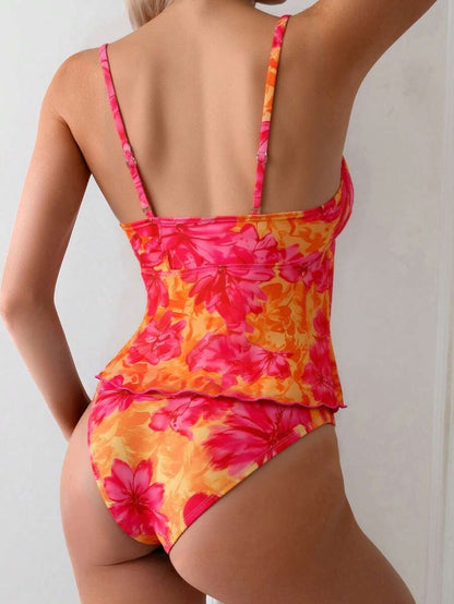 Women's 2-Piece Floral Camisole Bikini Set - Spaghetti Strap, Frill Trim, Hipsters, Multicolor