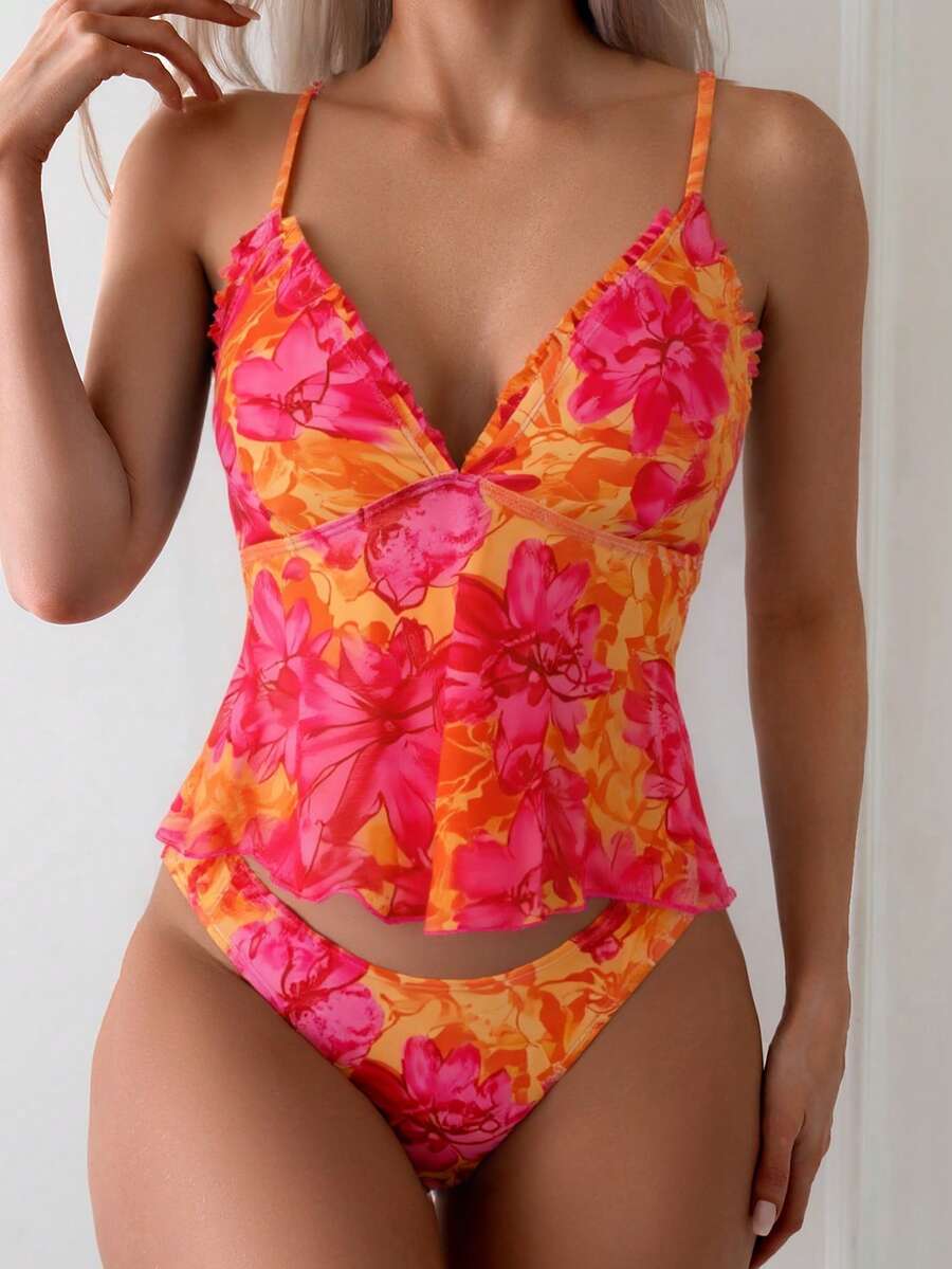 Women's 2-Piece Floral Camisole Bikini Set - Spaghetti Strap, Frill Trim, Hipsters, Multicolor