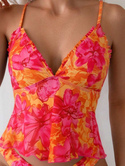 Women's 2-Piece Floral Camisole Bikini Set - Spaghetti Strap, Frill Trim, Hipsters, Multicolor