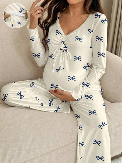 Apricot Maternity Bow Print 2-Piece Pajama Set - Long Sleeve Scoop Neck Top and Cropped Pants - Casual Soft Knit Lounge Set for Women