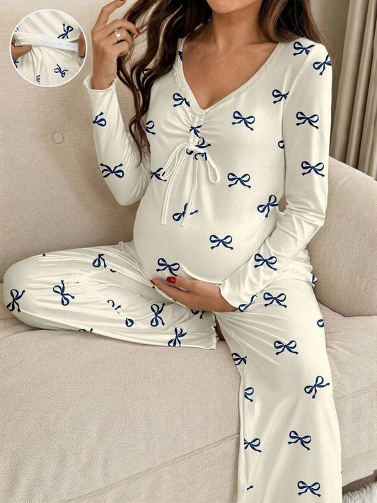 Apricot Maternity Bow Print 2-Piece Pajama Set - Long Sleeve Scoop Neck Top and Cropped Pants - Casual Soft Knit Lounge Set for Women