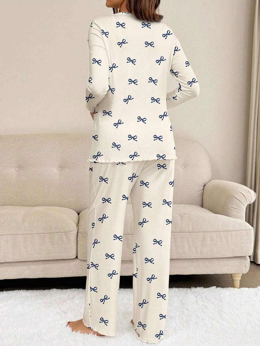Apricot Maternity Bow Print 2-Piece Pajama Set - Long Sleeve Scoop Neck Top and Cropped Pants - Casual Soft Knit Lounge Set for Women