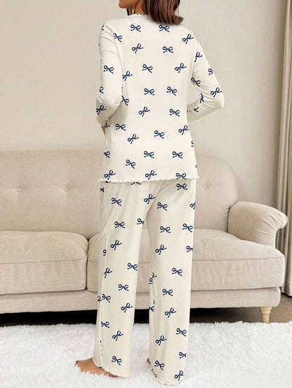 Apricot Maternity Bow Print 2-Piece Pajama Set - Long Sleeve Scoop Neck Top and Cropped Pants - Casual Soft Knit Lounge Set for Women