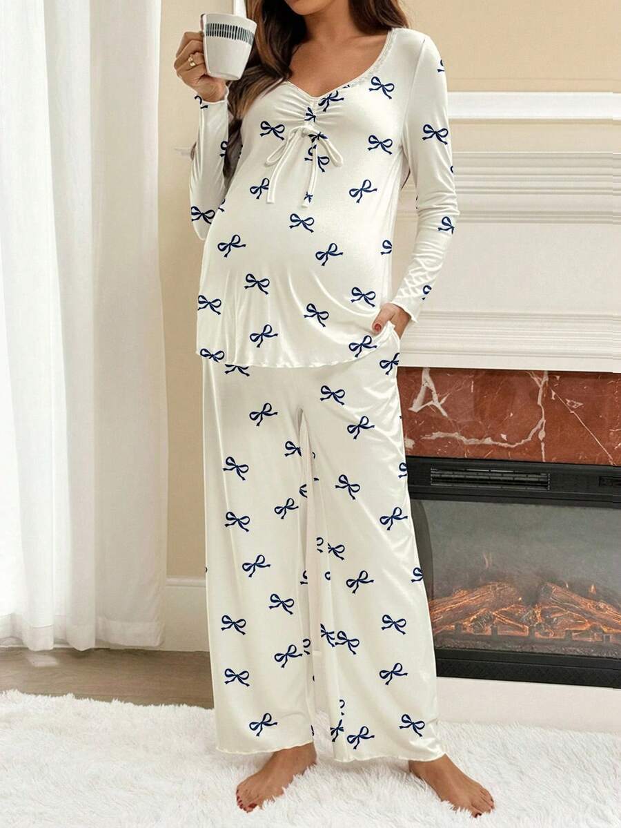 Apricot Maternity Bow Print 2-Piece Pajama Set - Long Sleeve Scoop Neck Top and Cropped Pants - Casual Soft Knit Lounge Set for Women
