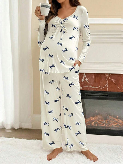 Apricot Maternity Bow Print 2-Piece Pajama Set - Long Sleeve Scoop Neck Top and Cropped Pants - Casual Soft Knit Lounge Set for Women