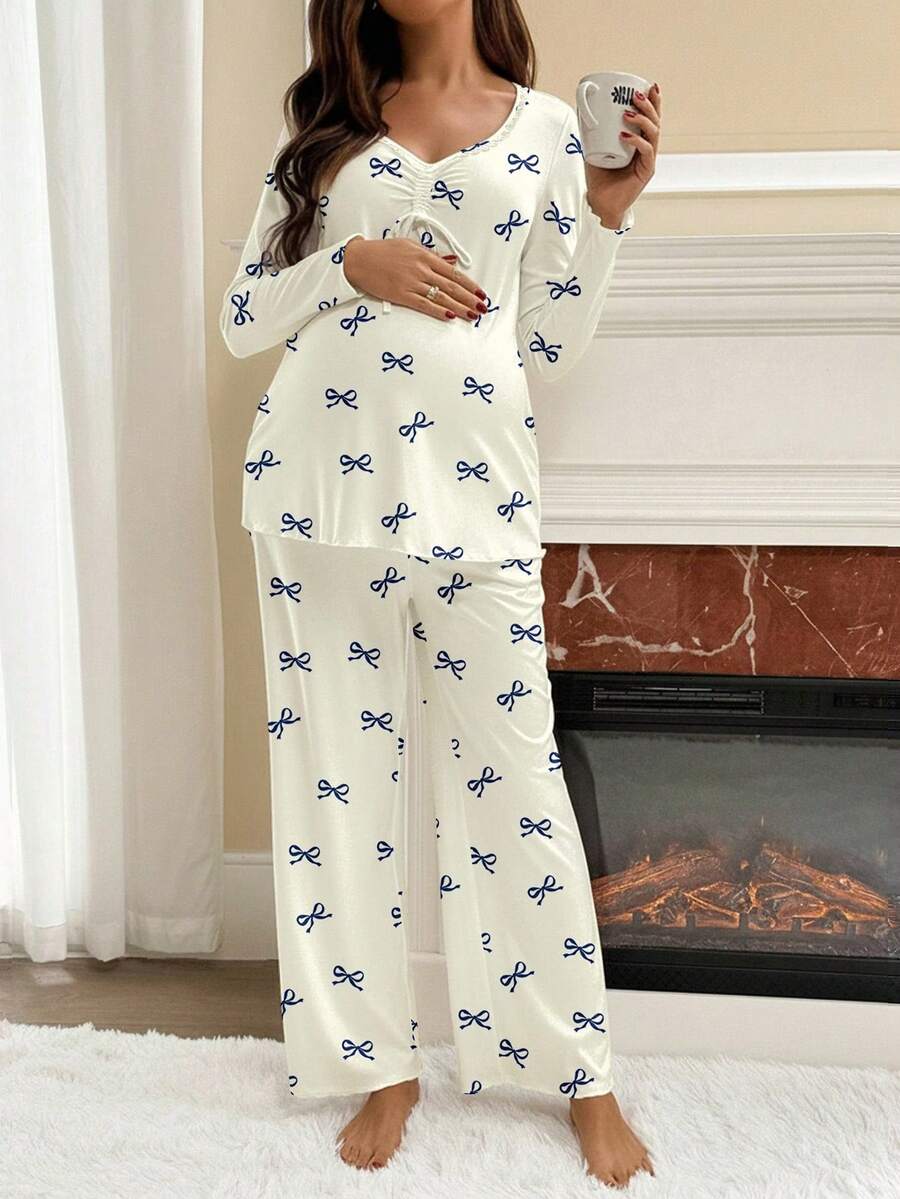 Apricot Maternity Bow Print 2-Piece Pajama Set - Long Sleeve Scoop Neck Top and Cropped Pants - Casual Soft Knit Lounge Set for Women
