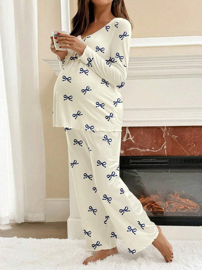 Apricot Maternity Bow Print 2-Piece Pajama Set - Long Sleeve Scoop Neck Top and Cropped Pants - Casual Soft Knit Lounge Set for Women
