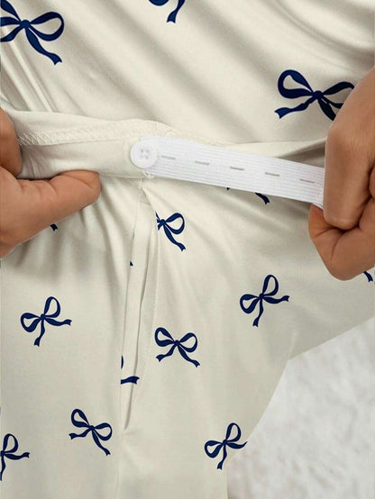 Apricot Maternity Bow Print 2-Piece Pajama Set - Long Sleeve Scoop Neck Top and Cropped Pants - Casual Soft Knit Lounge Set for Women