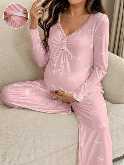 Apricot Maternity Bow Print 2-Piece Pajama Set - Long Sleeve Scoop Neck Top and Cropped Pants - Casual Soft Knit Lounge Set for Women