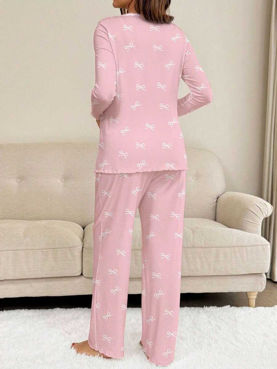Apricot Maternity Bow Print 2-Piece Pajama Set - Long Sleeve Scoop Neck Top and Cropped Pants - Casual Soft Knit Lounge Set for Women