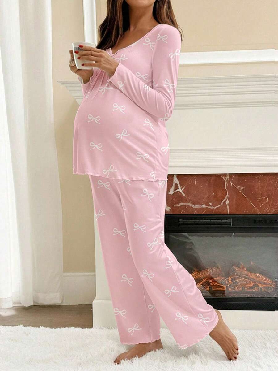 Apricot Maternity Bow Print 2-Piece Pajama Set - Long Sleeve Scoop Neck Top and Cropped Pants - Casual Soft Knit Lounge Set for Women