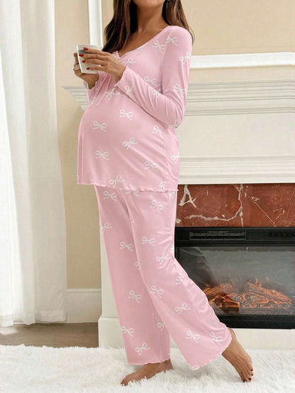 Apricot Maternity Bow Print 2-Piece Pajama Set - Long Sleeve Scoop Neck Top and Cropped Pants - Casual Soft Knit Lounge Set for Women