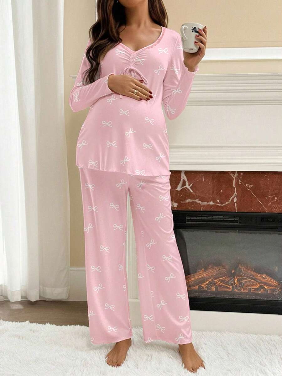 Apricot Maternity Bow Print 2-Piece Pajama Set - Long Sleeve Scoop Neck Top and Cropped Pants - Casual Soft Knit Lounge Set for Women