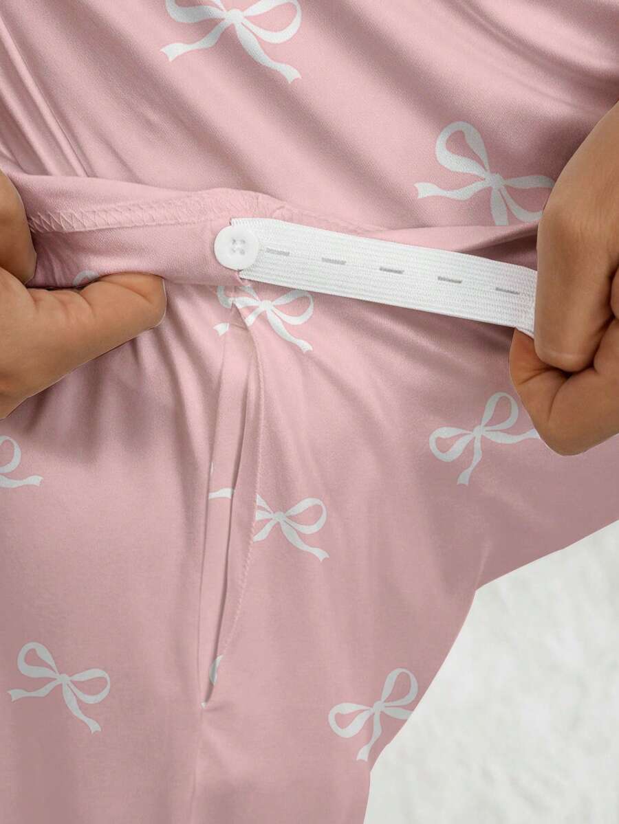 Apricot Maternity Bow Print 2-Piece Pajama Set - Long Sleeve Scoop Neck Top and Cropped Pants - Casual Soft Knit Lounge Set for Women