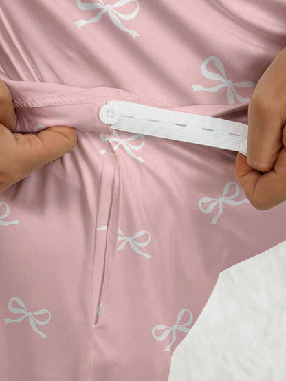 Apricot Maternity Bow Print 2-Piece Pajama Set - Long Sleeve Scoop Neck Top and Cropped Pants - Casual Soft Knit Lounge Set for Women