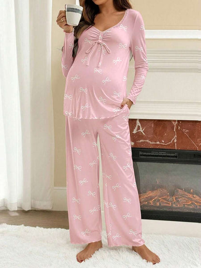 Apricot Maternity Bow Print 2-Piece Pajama Set - Long Sleeve Scoop Neck Top and Cropped Pants - Casual Soft Knit Lounge Set for Women