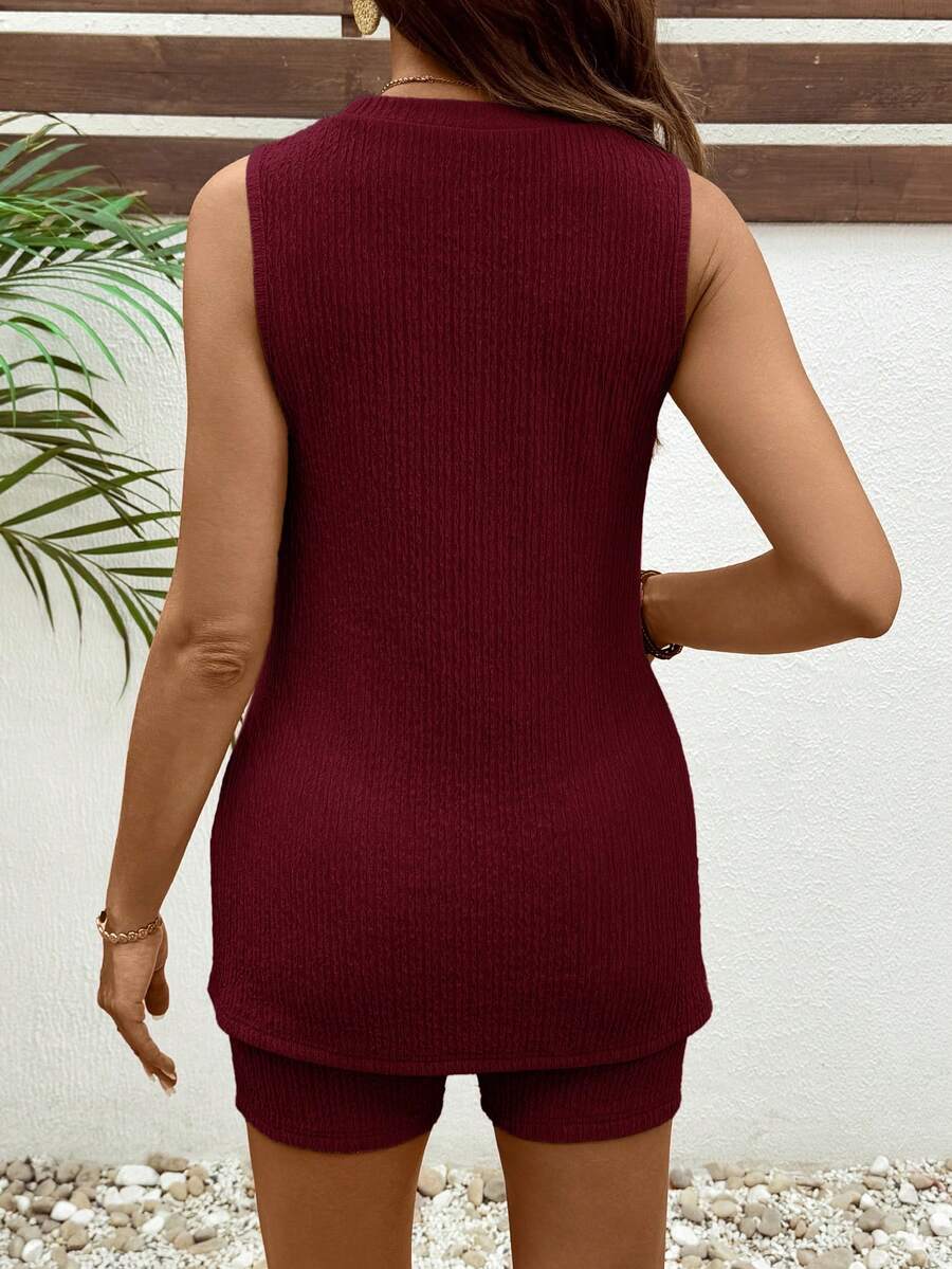 Yellow Textured Maternity Camisole and Biker Shorts Set - Ribbed Summer Vacation 2-Piece Lounge Set with Adjustable Waist