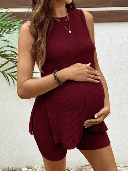 Yellow Jacquard Knit Maternity Lounge Set with Longline Round Neck Tank Top and Slim Fit Biker Shorts – Comfortable 2-Piece Summer Set