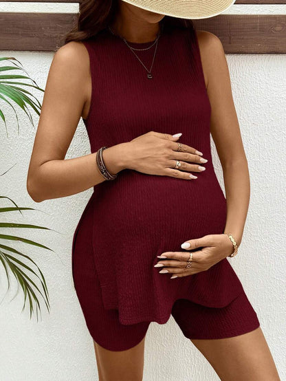 Maternity Coffee Brown Ribbed Knit Tank Top and Biker Shorts Set - Slim Fit Round Neck Casual Two Piece Lounge Set