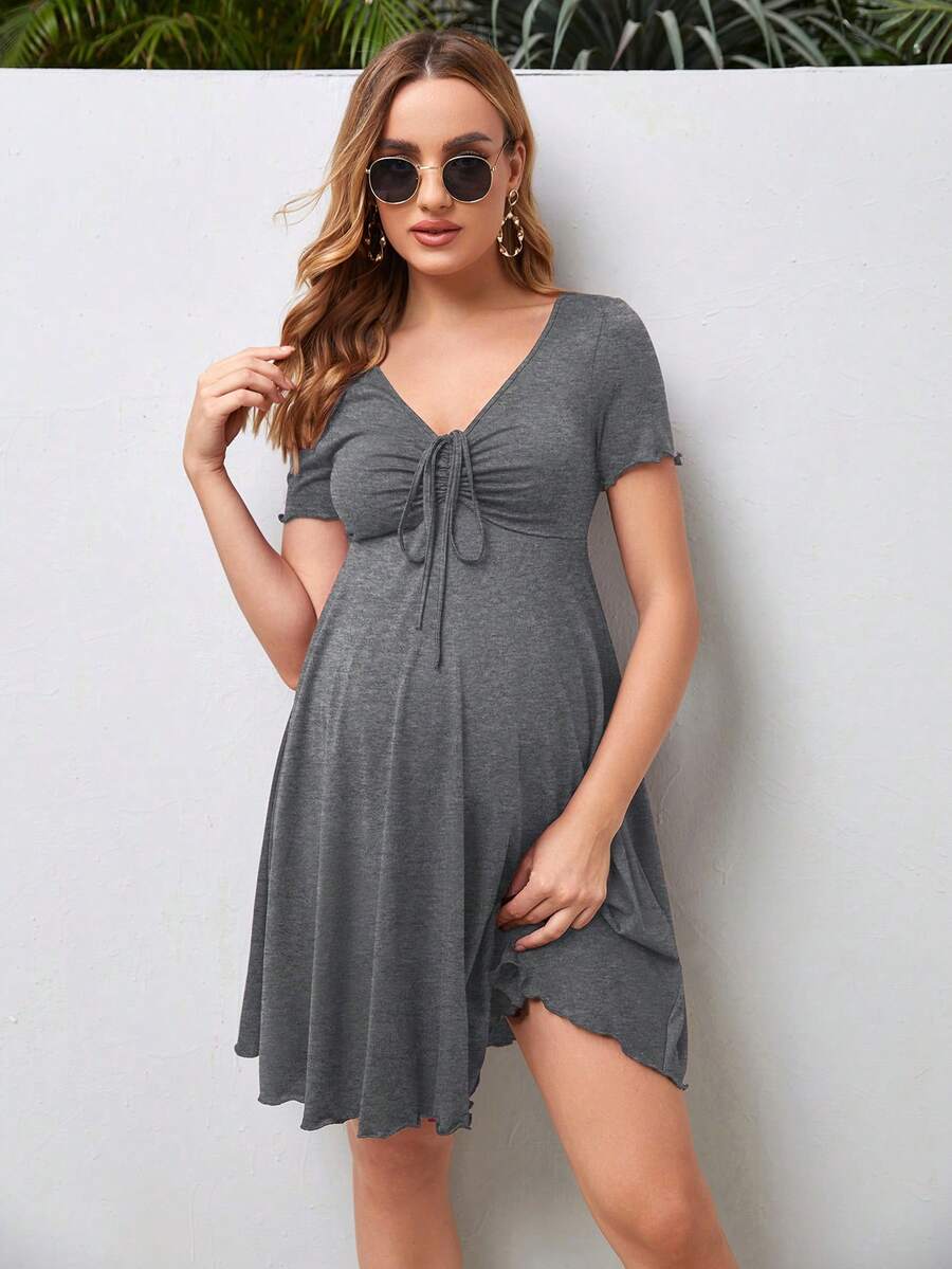 Maternity Drawstring Front Lettuce Trim Dress V-Neck Short Sleeve High Waist A-Line Flared Black Beach Sun Dress