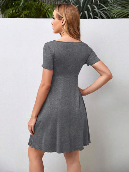 Army Green Maternity V Neck Ruched Drawstring A-Line Dress - Short Sleeve High Waist Flared Beach Mini Dress