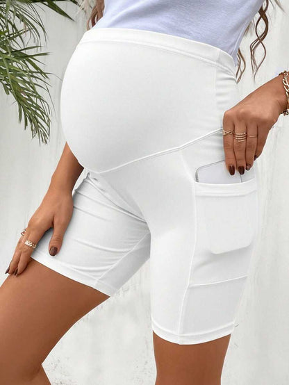 Maternity Wide Waistband Biker Shorts with Phone Pocket - High Stretch