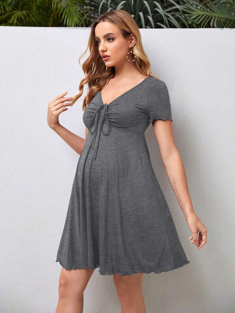 Army Green Maternity V Neck Ruched Drawstring A-Line Dress - Short Sleeve High Waist Flared Beach Mini Dress