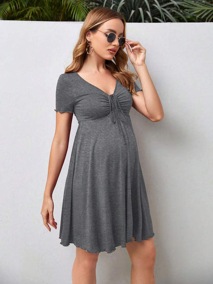 Maternity V-Neck Knot Front A-Line Dress - Short Sleeve Ruched High Waist Summer Dress for Daily Commute