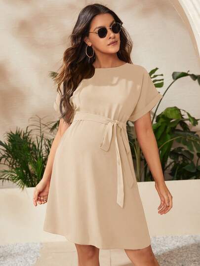 Maternity Short Batwing Sleeve Belted Tunic Dress, Casual High Waist Round Neck Flared Mini Outfit for Daily Wear, Apricot