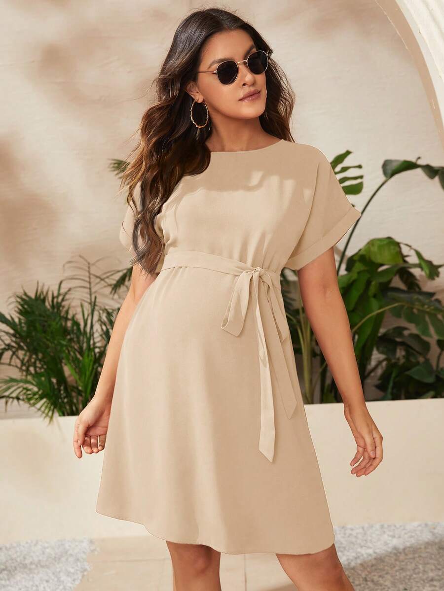 Maternity Short Batwing Sleeve Belted Tunic Dress, Casual High Waist Round Neck Flared Mini Outfit for Daily Wear, Apricot