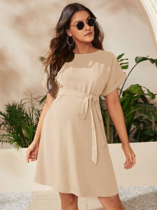 Maternity Short Batwing Sleeve Belted Tunic Dress, Casual High Waist Round Neck Flared Mini Outfit for Daily Wear, Apricot