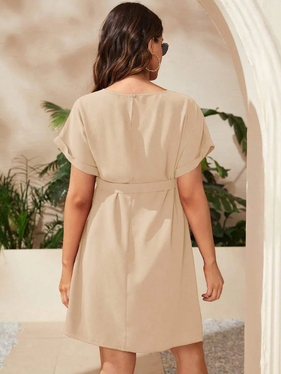 Maternity Short Batwing Sleeve Belted Tunic Dress, Casual High Waist Round Neck Flared Mini Outfit for Daily Wear, Apricot