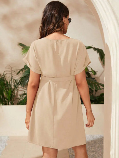 Maternity Short Batwing Sleeve Belted Tunic Dress, Casual High Waist Round Neck Flared Mini Outfit for Daily Wear, Apricot