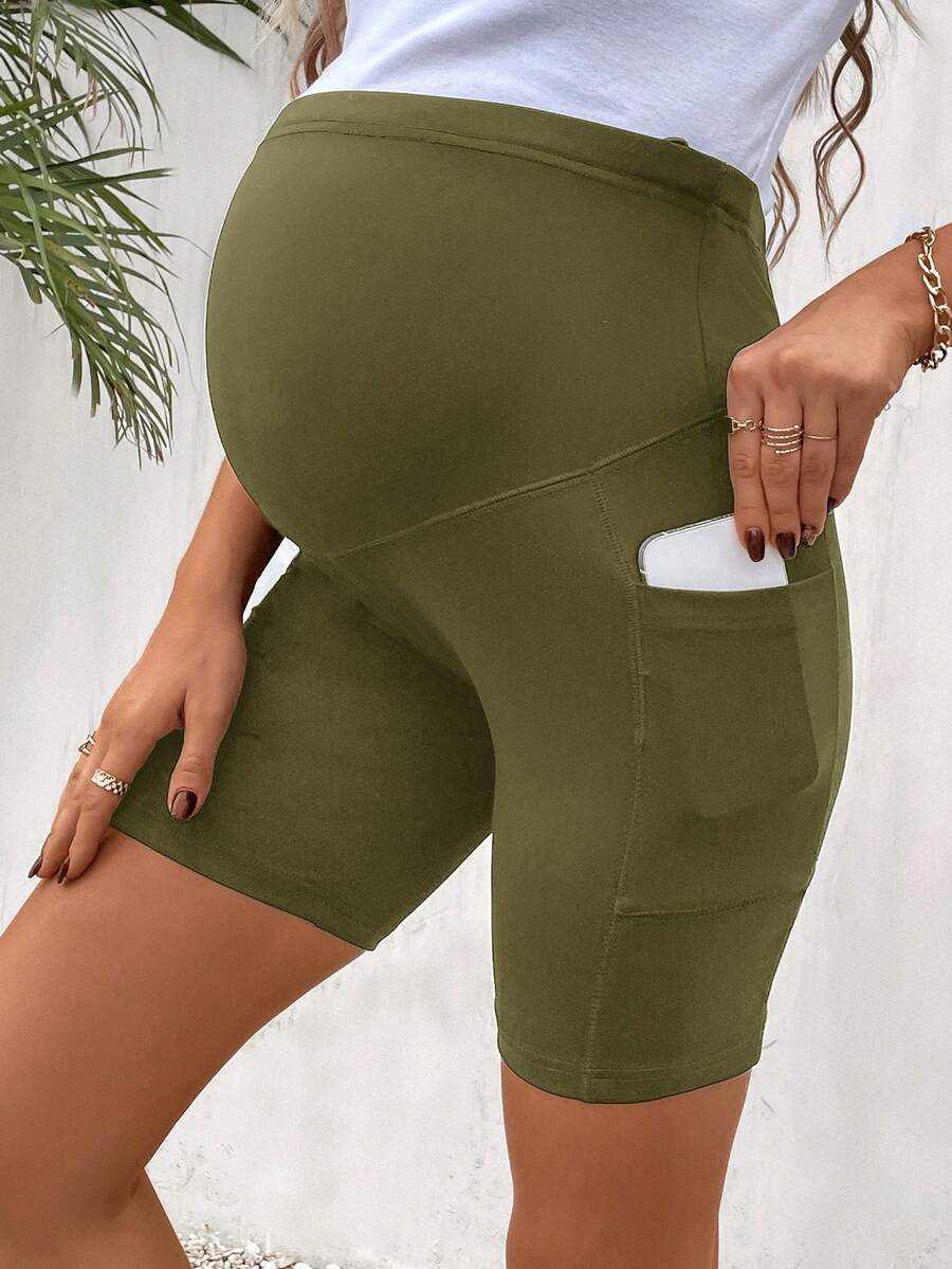 Maternity Wide Waistband Biker Shorts with Phone Pocket - High Stretch