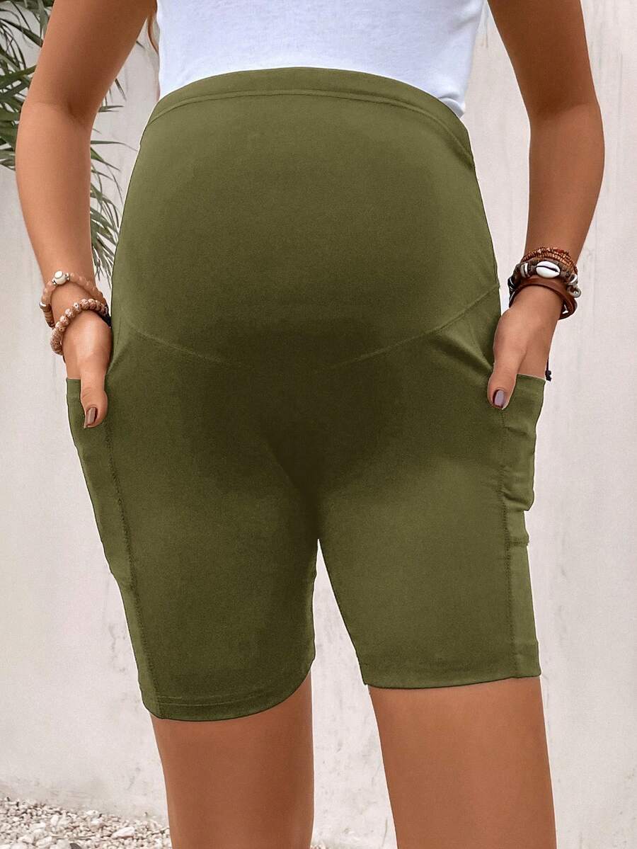 Maternity Wide Waistband Biker Shorts with Phone Pocket - High Stretch