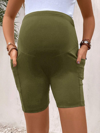 Maternity Wide Waistband Biker Shorts with Phone Pocket - High Stretch