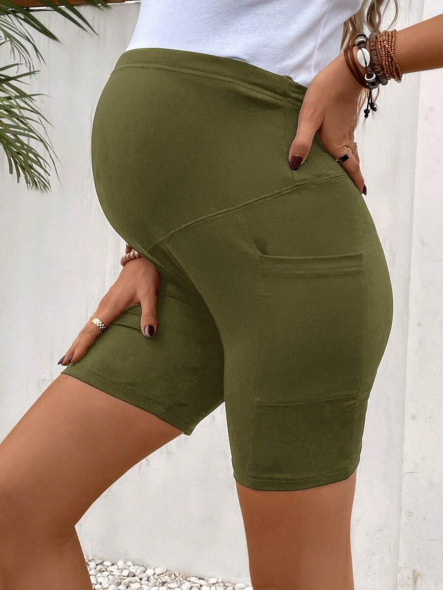 Maternity Wide Waistband Biker Shorts with Phone Pocket - High Stretch