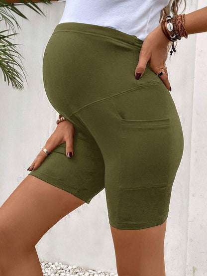 Maternity Wide Waistband Biker Shorts with Phone Pocket - High Stretch