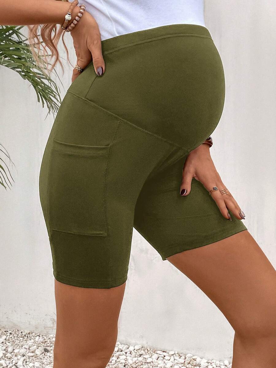 Maternity Wide Waistband Biker Shorts with Phone Pocket - High Stretch
