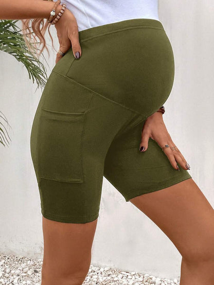 Maternity Wide Waistband Biker Shorts with Phone Pocket - High Stretch
