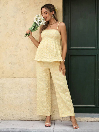 Maternity Boho Floral Camisole and Elastic Waist Pants 2 Piece Set Slim Fit Pink Ditsy Print Pregnancy Loungewear for Home