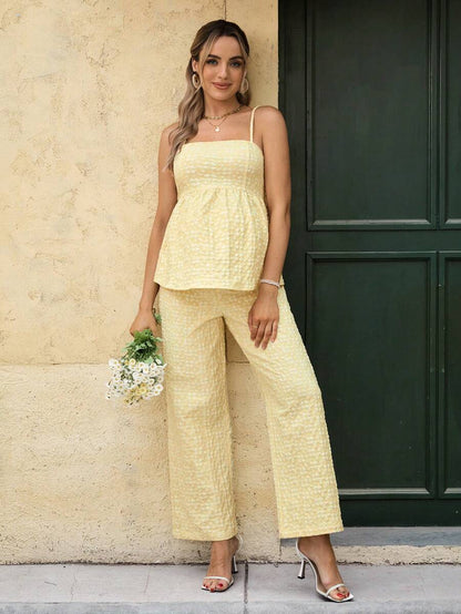 Maternity Boho Floral Camisole and Elastic Waist Pants 2 Piece Set Slim Fit Pink Ditsy Print Pregnancy Loungewear for Home