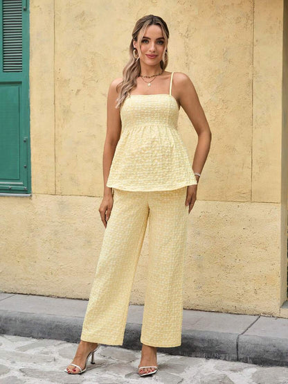 Maternity Boho Floral Camisole and Elastic Waist Pants 2 Piece Set Slim Fit Pink Ditsy Print Pregnancy Loungewear for Home