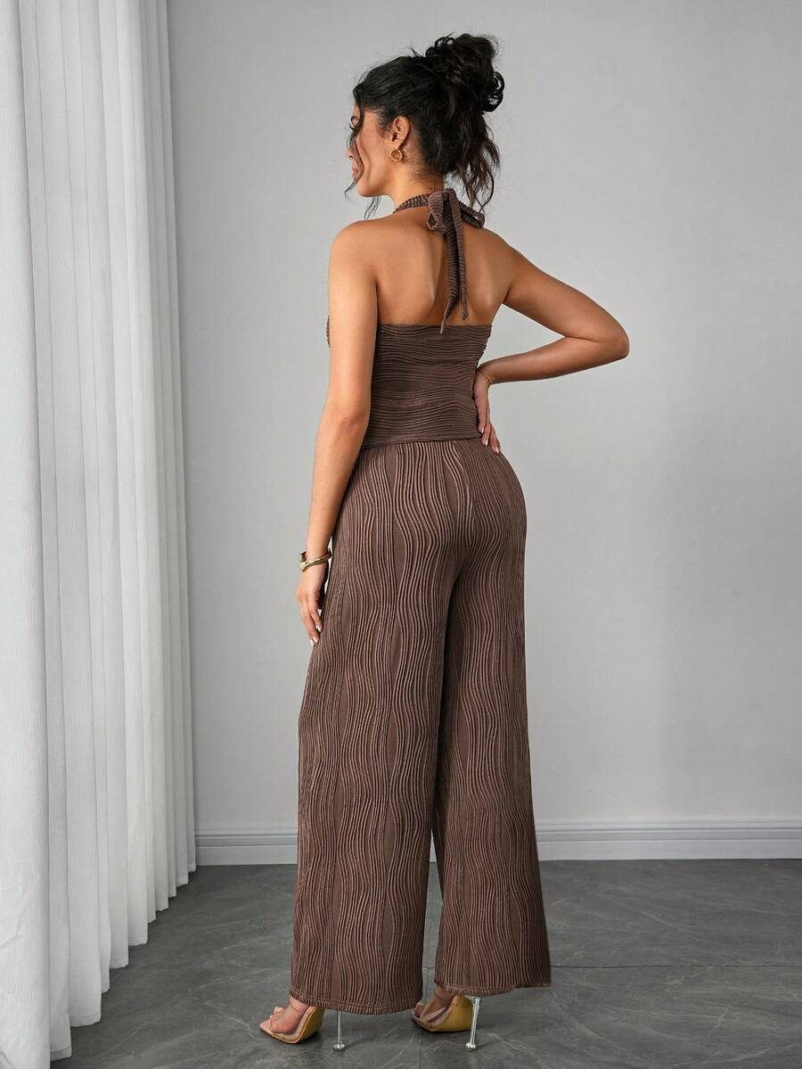 Maternity 2-Piece Set Mocha Brown Halter Bowknot Cami Bra Top and Adjustable Elastic Straight Leg Patterned Pants